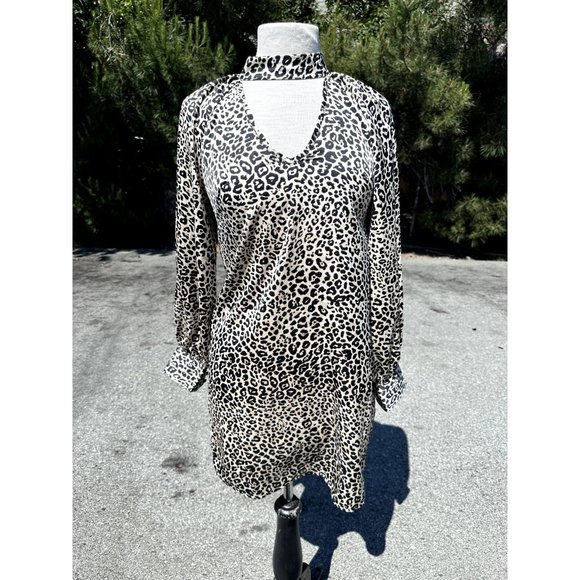 Lipsy London Dress Women Size 2 Brown Leopard Print Pullover Keyhole Neck Sheath - Picture 2 of 13